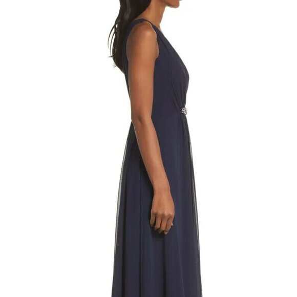 Eliza J Navy Blue Embellished High/Low Chiffon Dress - Picture 3 of 6